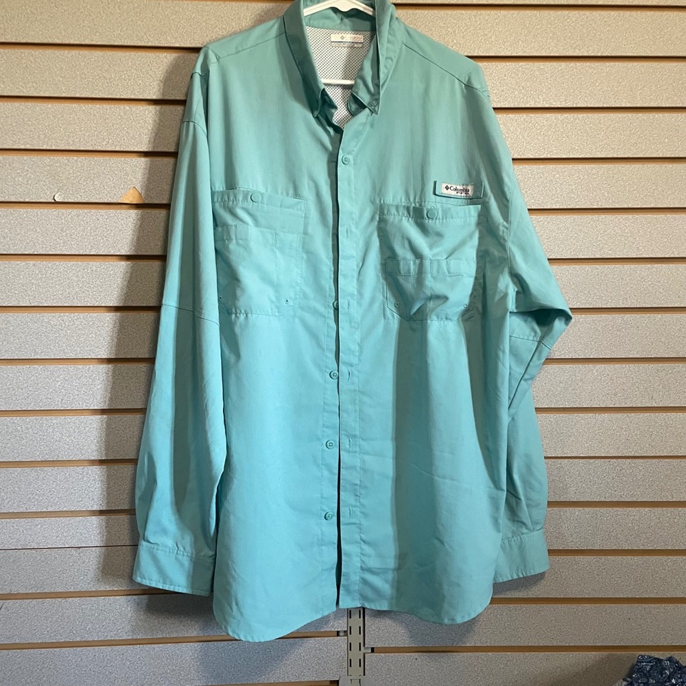 Columbia PFG Mens XL Long Sleeve Fishing Shirt Button Up Aqua Blue